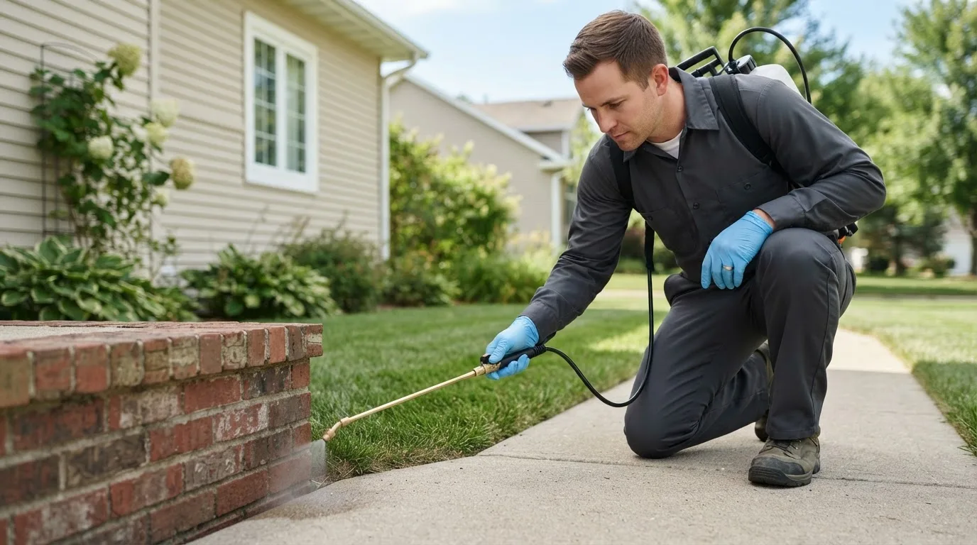 Pest control technician treating a home near Loretto, MN
