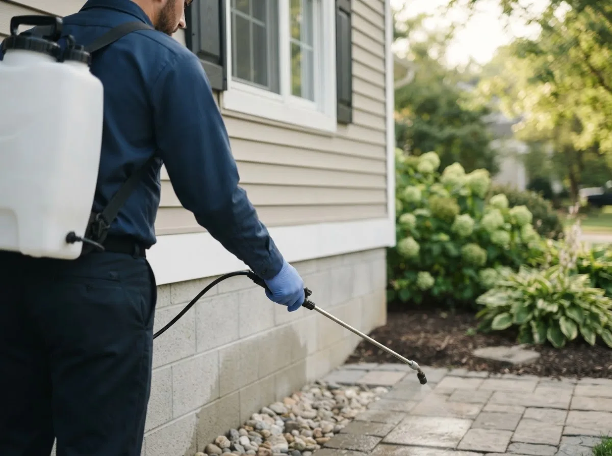 Pest control technician inspecting a home in Loretto, MN